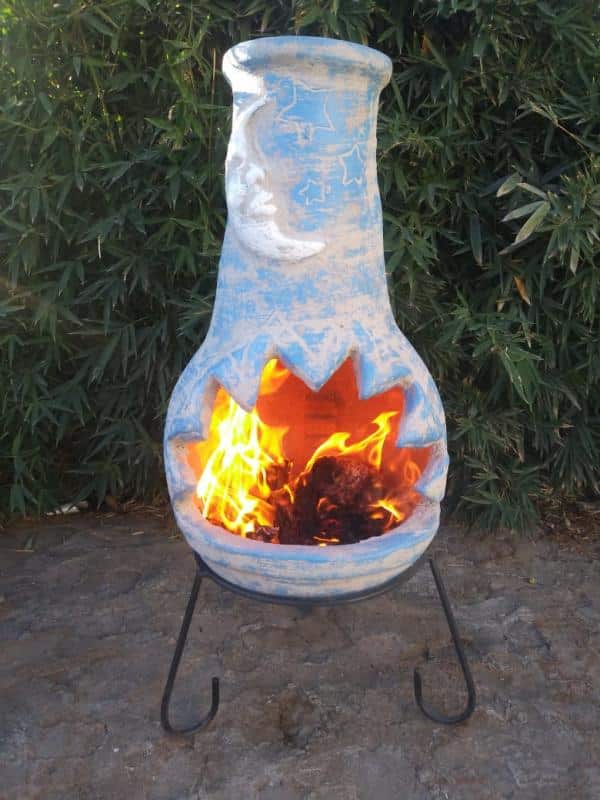 Extra-large Luna Mexican Chimenea in blue, inc stand and lid